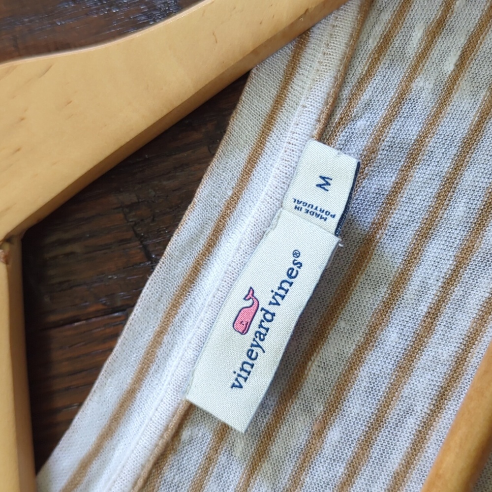 VINEYARD VINES I Tan & Creamy White Striped Linen V-Neck Short Sleeve Top, M - Picture 8 of 10